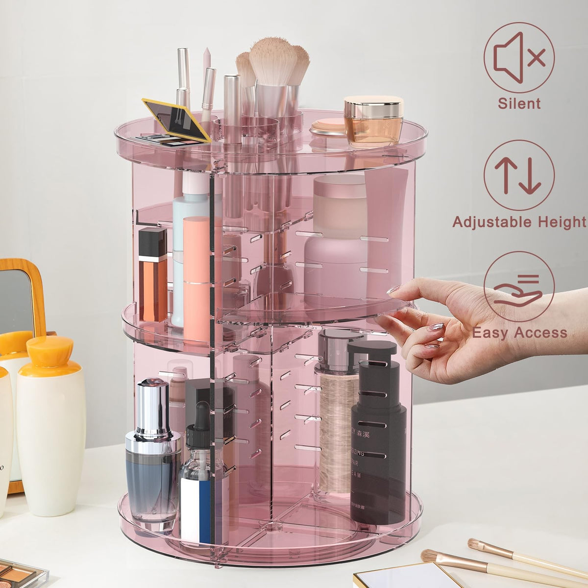 Rotating Makeup Organizer with Adjustable Layers and Silent Spin - Pink