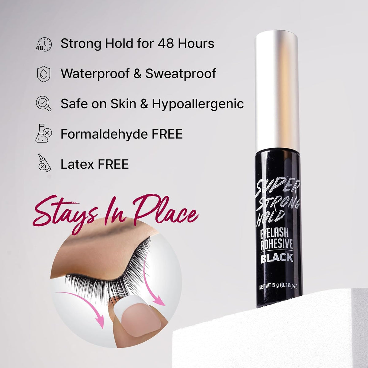 Super Strong Hold Eyelash Adhesive Black Latex-Free Waterproof 48H