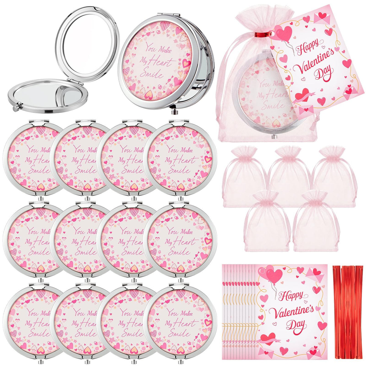 12 Value Valentine's Day Compact Mirrors with Cards & Organza Bags Set