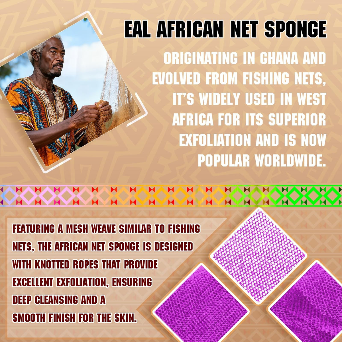 Exfoliating Bath Sponges Set of 4 Nylon Mesh Scrubbers - Brown, Blue, Purple, Gray