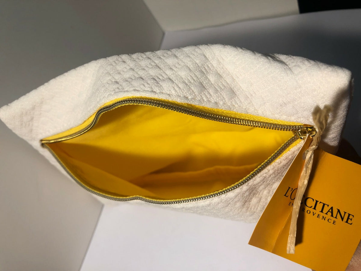 White Quilted Cosmetic Make-Up Bag - L'Occitane Cloth Travel Pouch