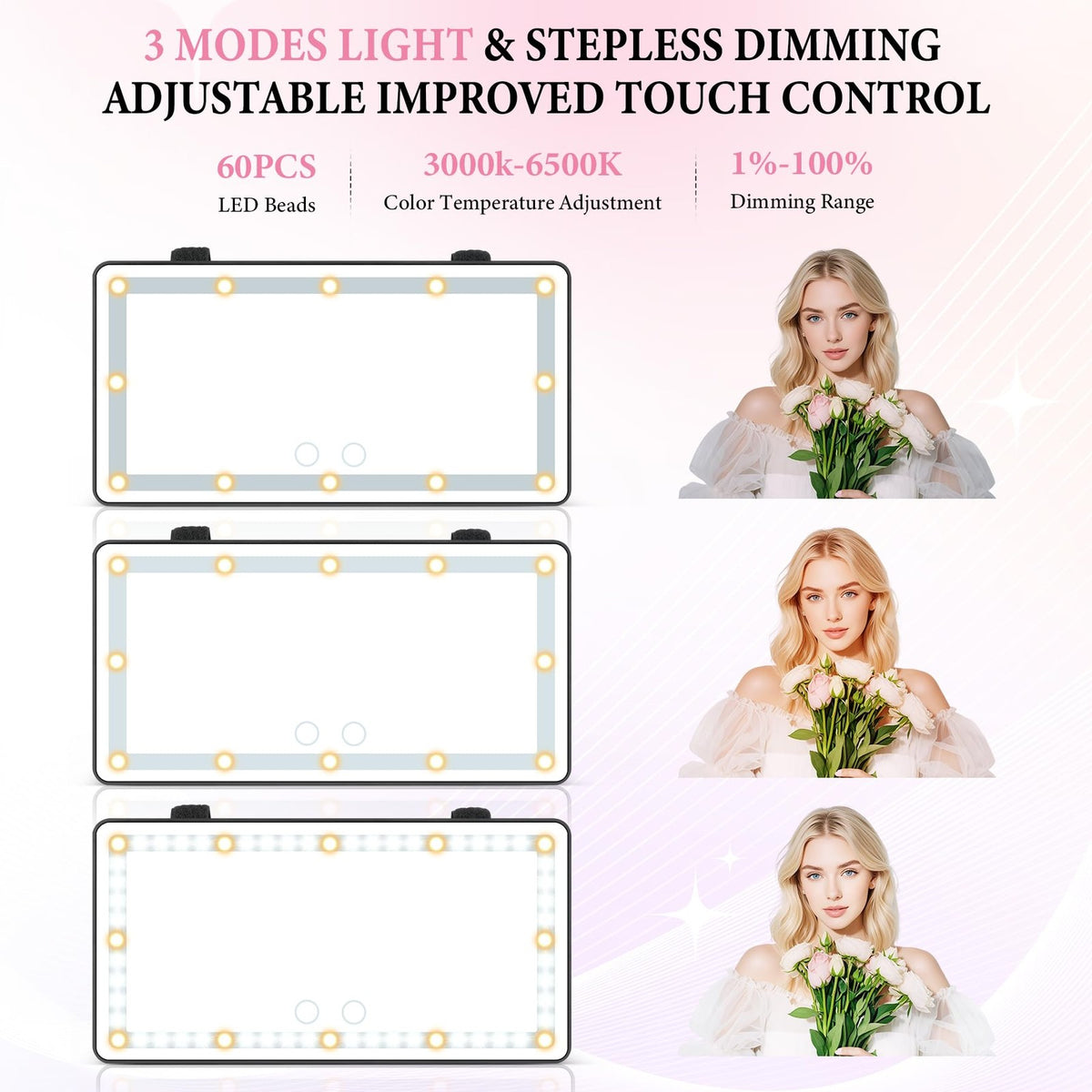 Rechargeable Car Sun Visor Vanity Mirror with 60 LEDs and 3 Light Modes