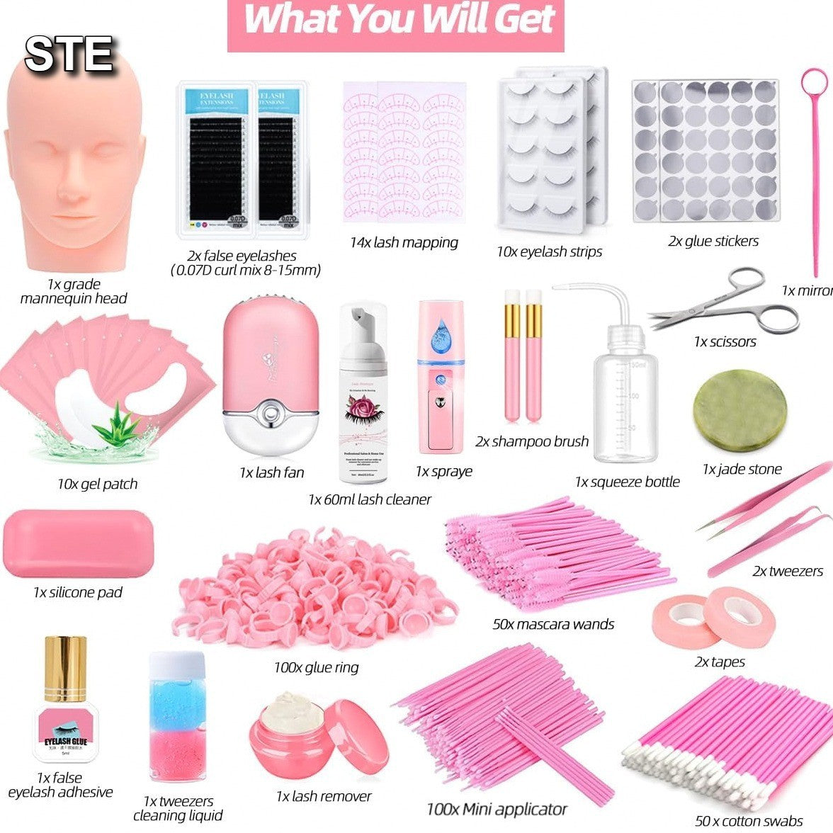 Professional Eyelash Extension Practice Kit with Mannequin Head & USB Fan
