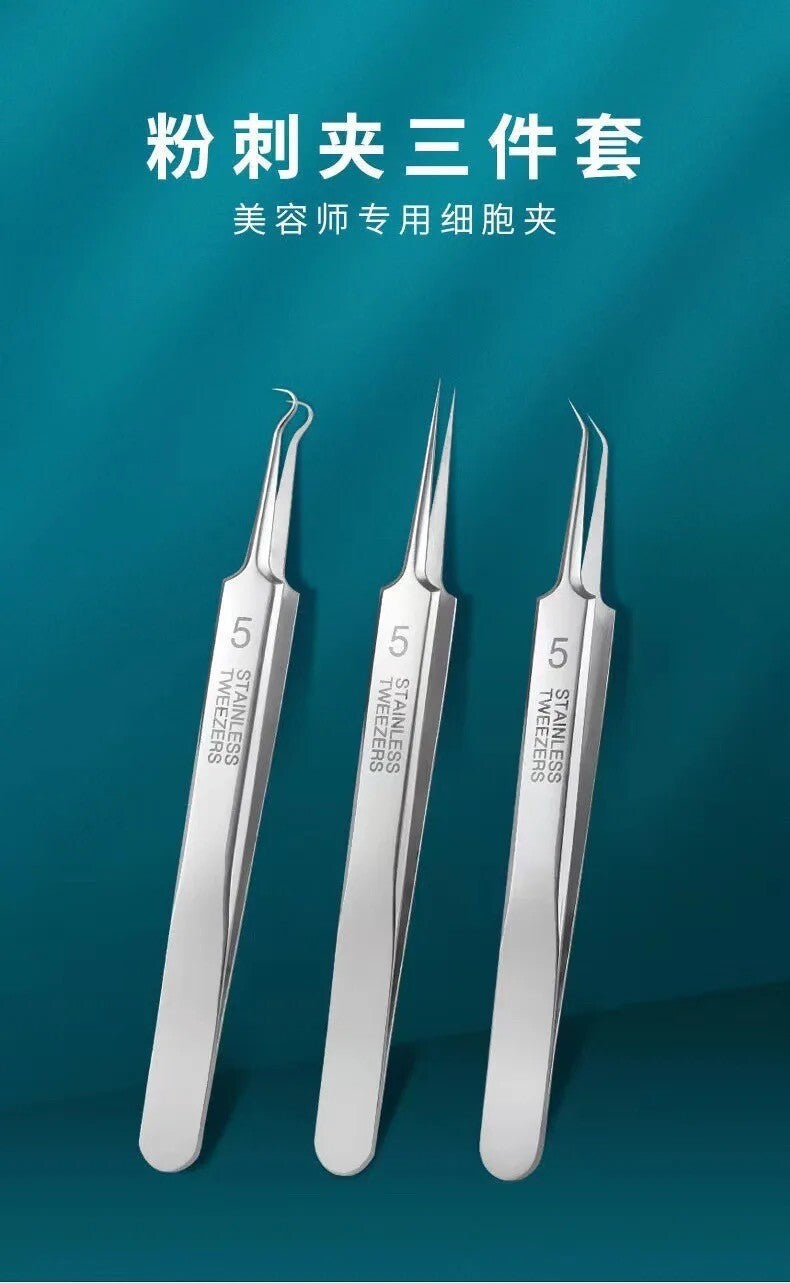 3PC Ultra-Fine Blackhead Remover Tweezer Set for Face Care - Salon Quality