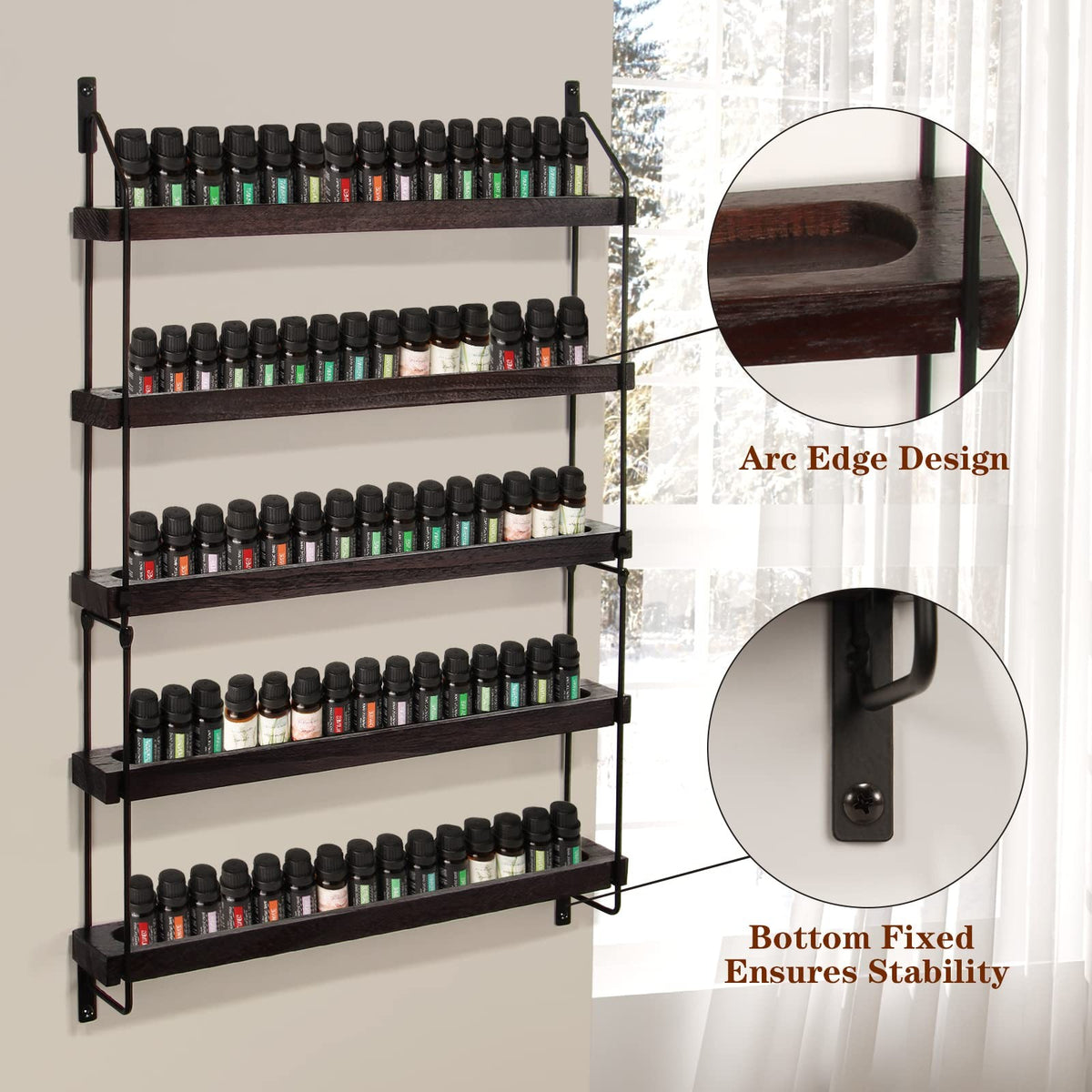 Wall-Mounted Essential Oil Storage Shelf 5 Tiers Rustic Wooden Organizer