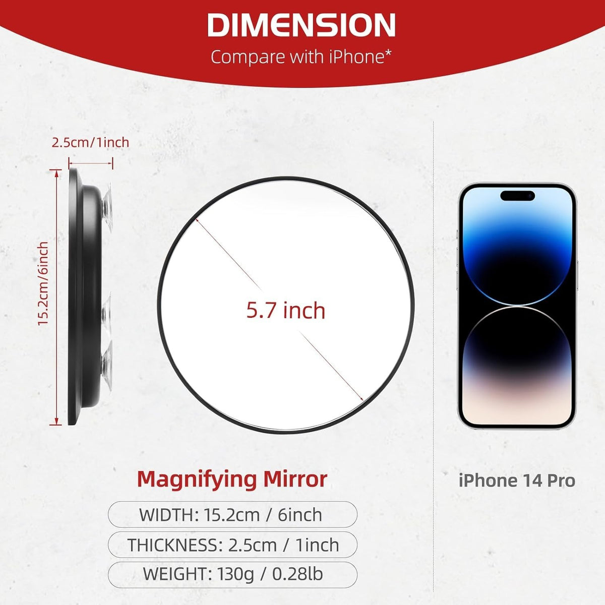 40X Magnifying Travel Mirror - 6 inch Round with 3 Suction Cups
