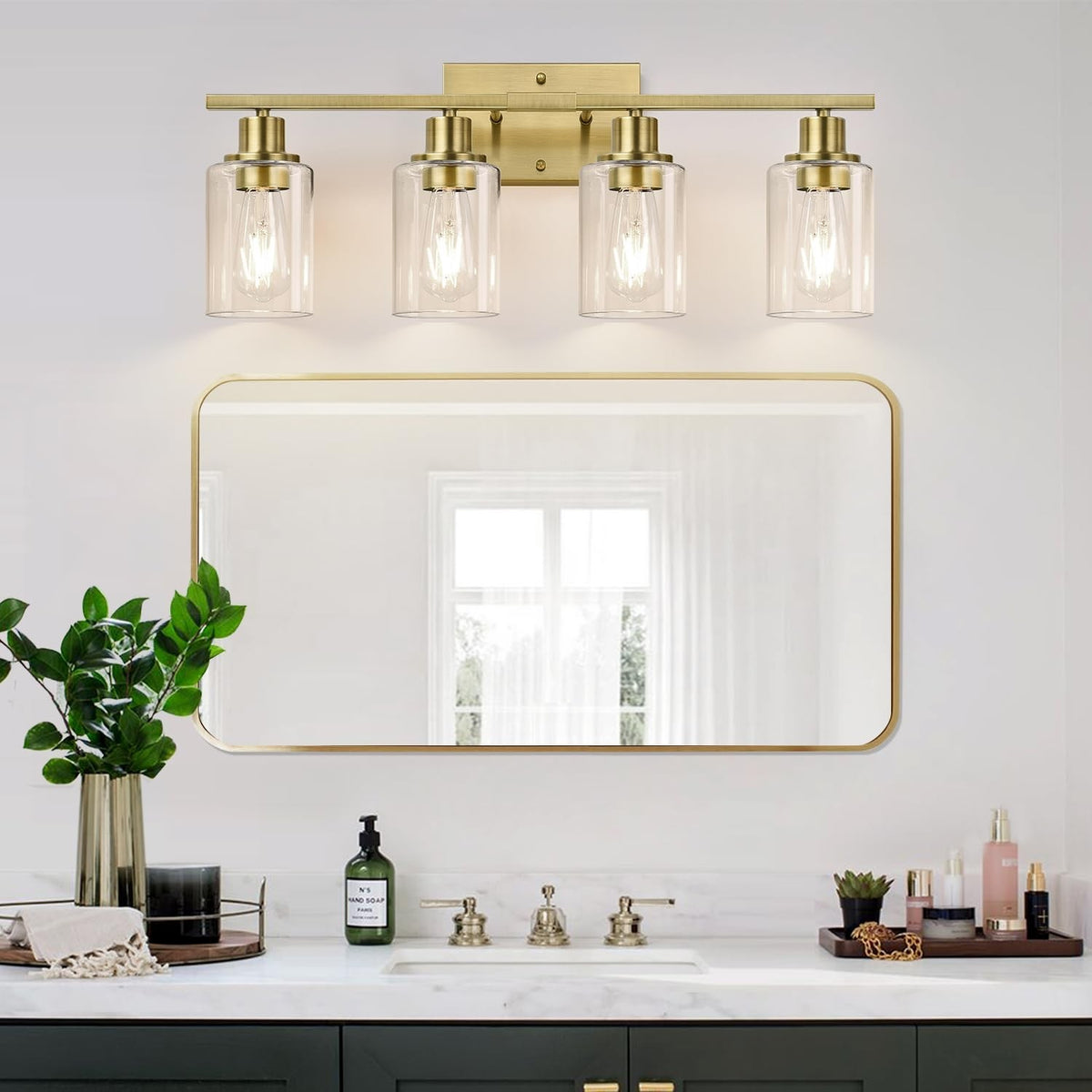 Modern Brass Bathroom Wall Light Fixtures with Clear Glass Shades - 4-Light