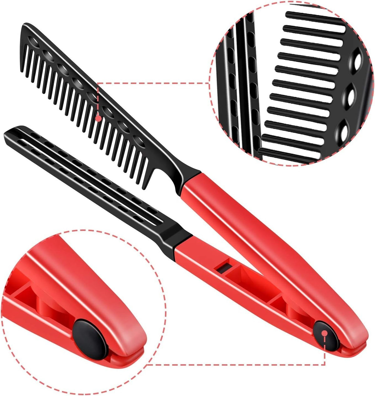 V-Shaped Hair Straightening Comb Set - 2 Pack, Red & Black, Travel Friendly