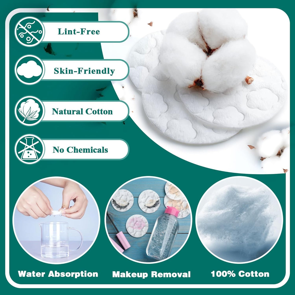 Premium Cotton Rounds for Face - 300 Count, 2.36 Inch Diameter, Hypoallergenic & Biodegradable