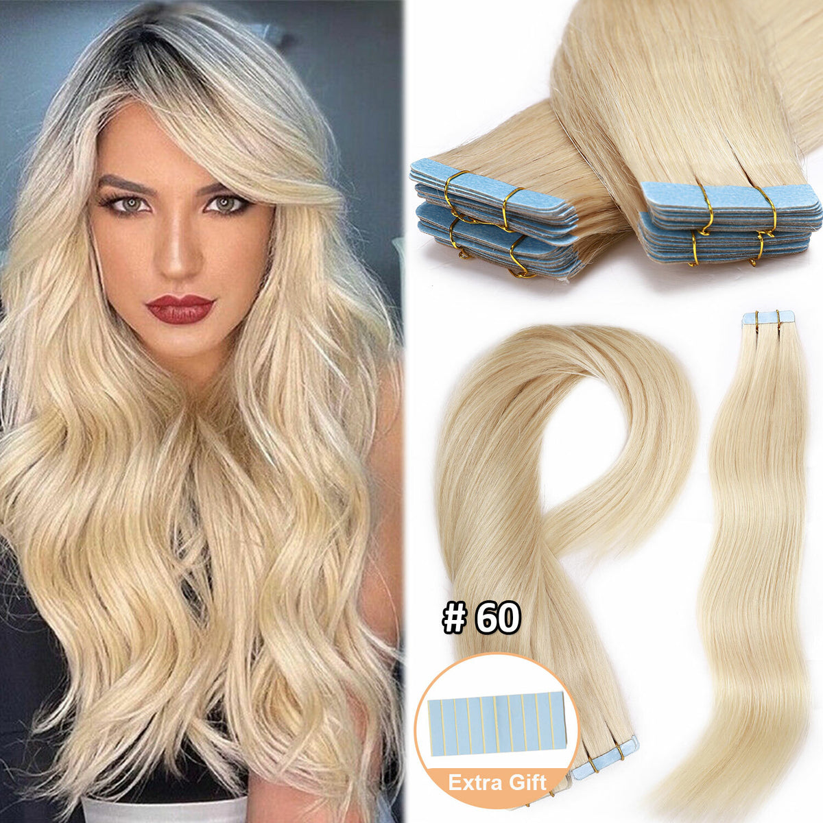 Remy Human Hair Extensions Full Head Tape-In Hair Weft Natural Style & Length