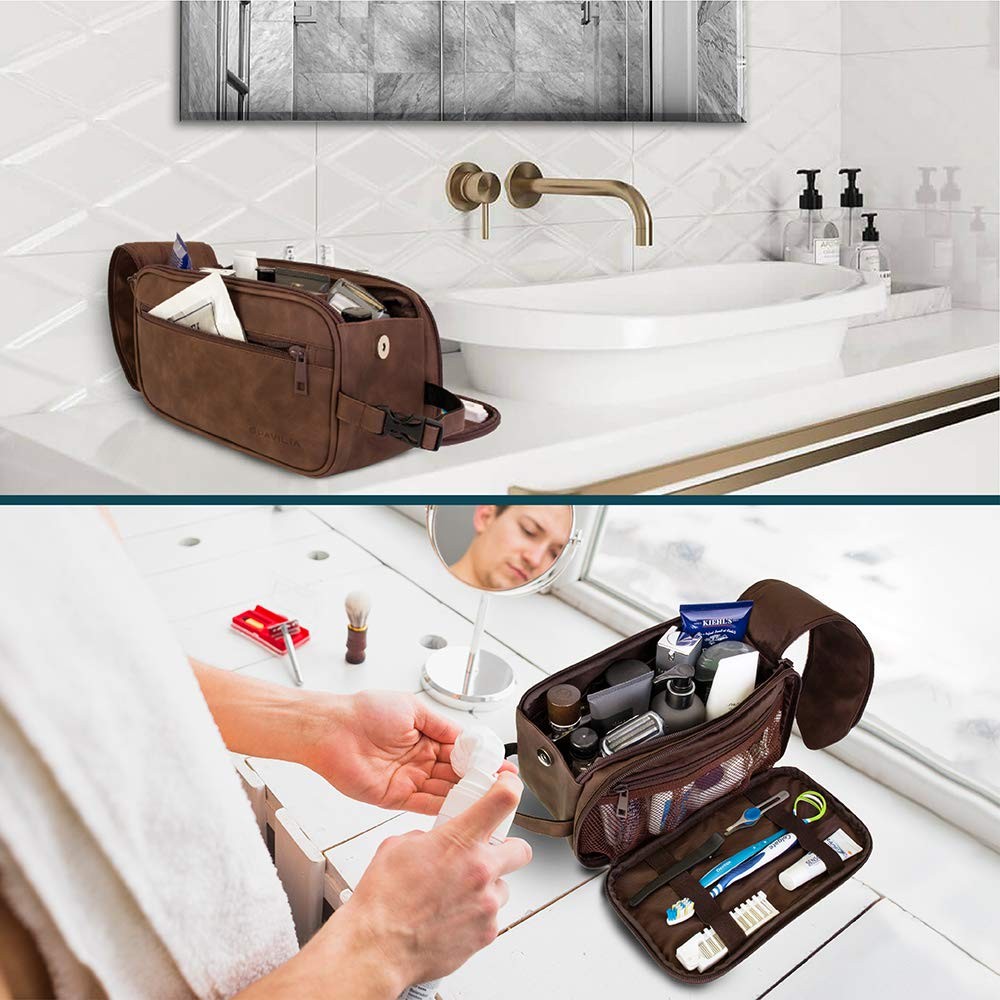 Men's Travel Toiletry Bag Leather Dopp Kit Organizer with Water-Resistant Interior