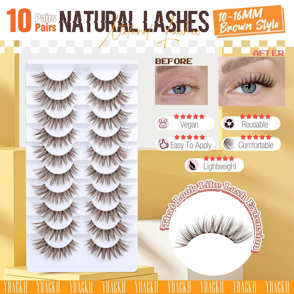 False Eyelashes Natural Look Wispy Pack of 10 - Black, 1 Pair