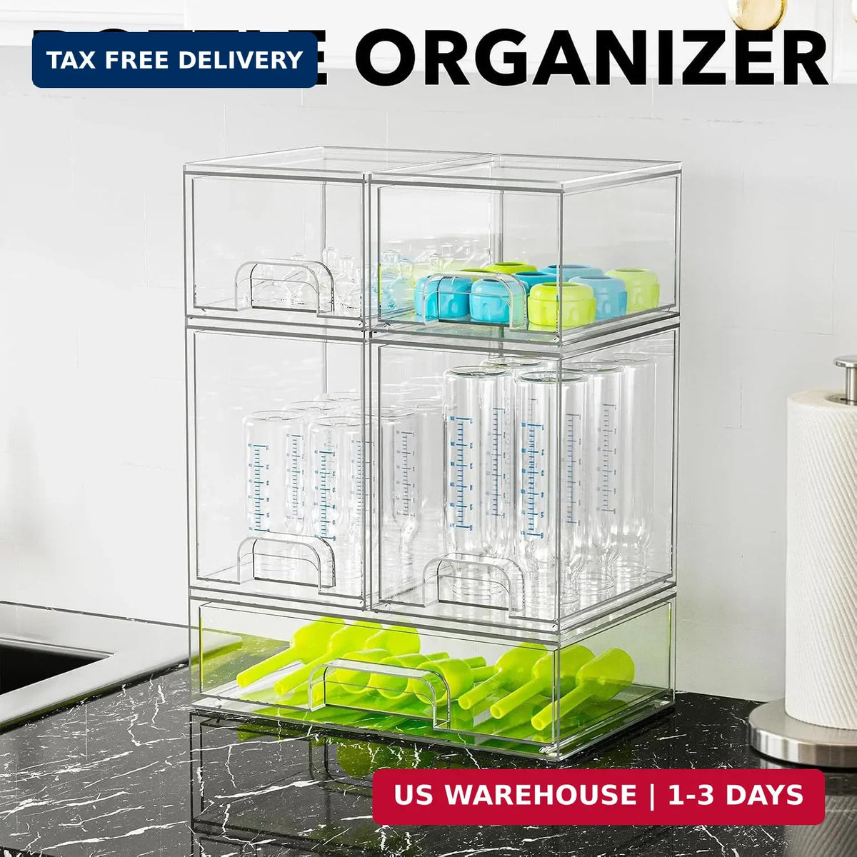 Baby Bottle Storage Organizer Set - Clear Acrylic Countertop & Cabinet Shelves