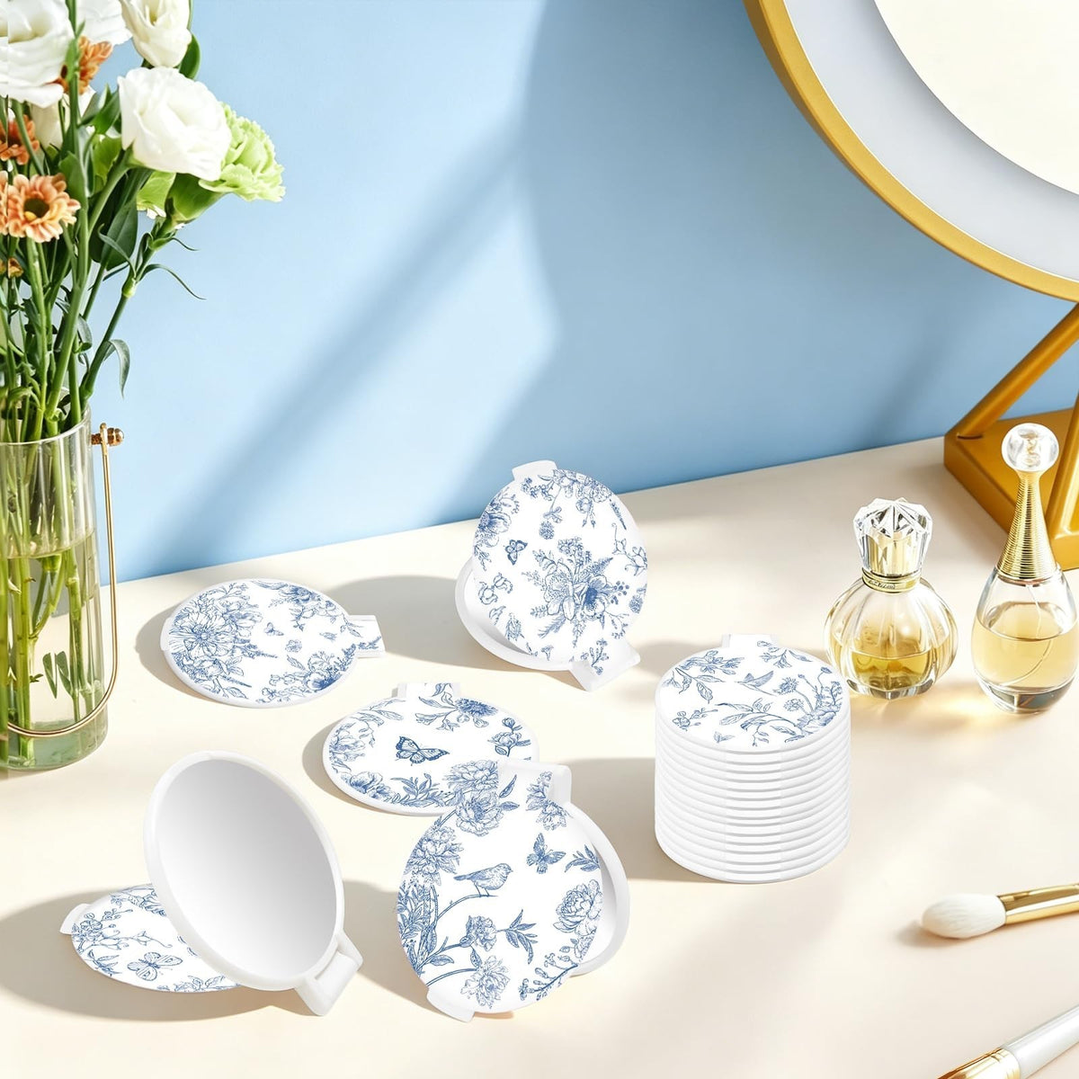 Blue Porcelain Compact Mirror Set - 50 Small Pocket Round Mirrors for Gifts