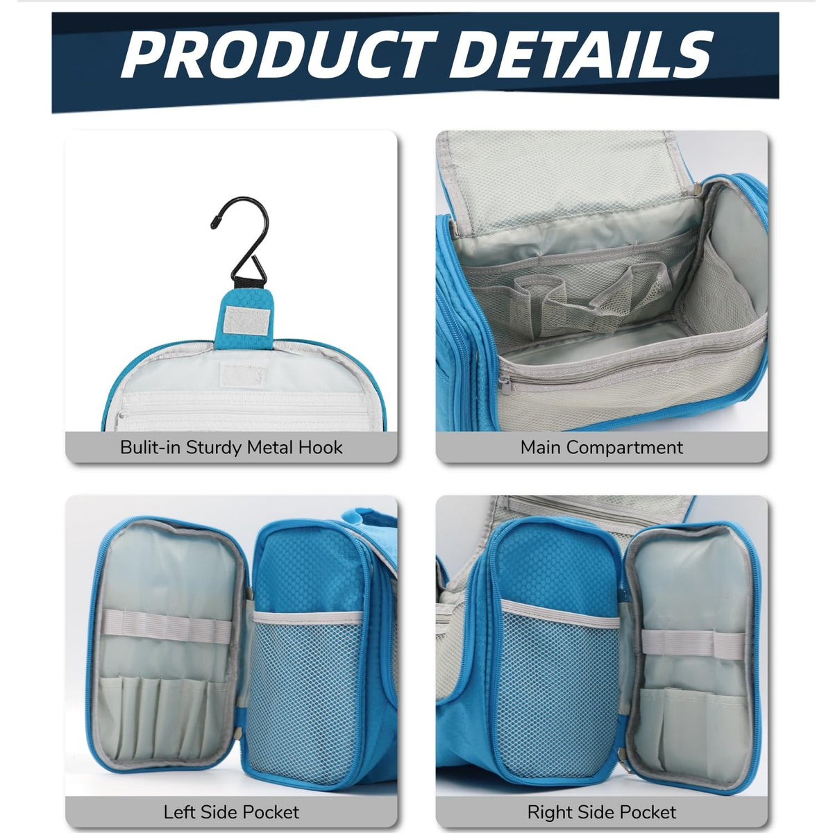 Light Blue Hanging Toiletry Bag Water-Resistant Nylon Travel Organizer