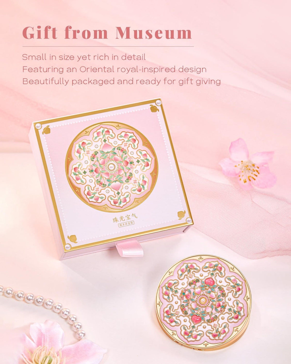 Pearl Bloom Compact Mirror with 2X Magnification - Pink Pocket Makeup Mirror