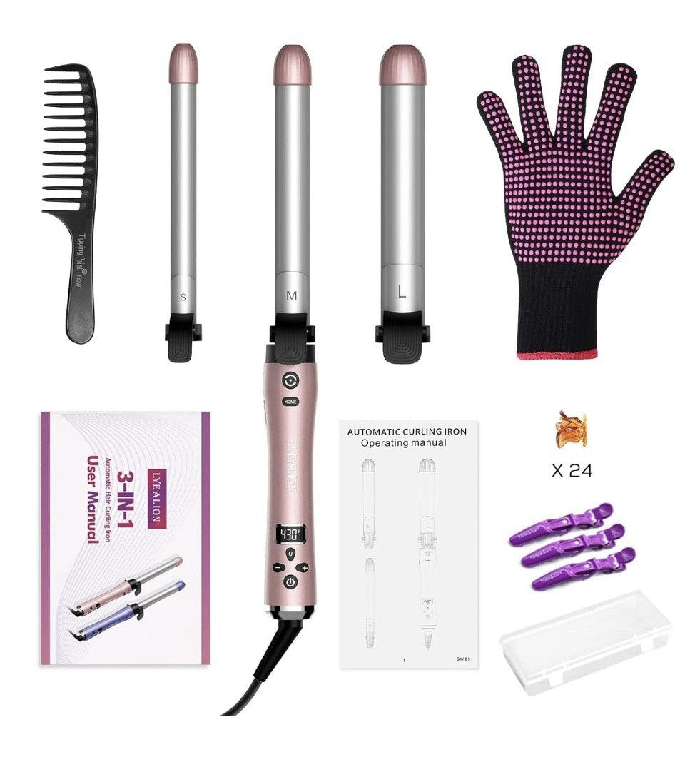 Lyealion 3-in-1 Automatic Hair Curling Iron with Replaceable Barrels - Pink