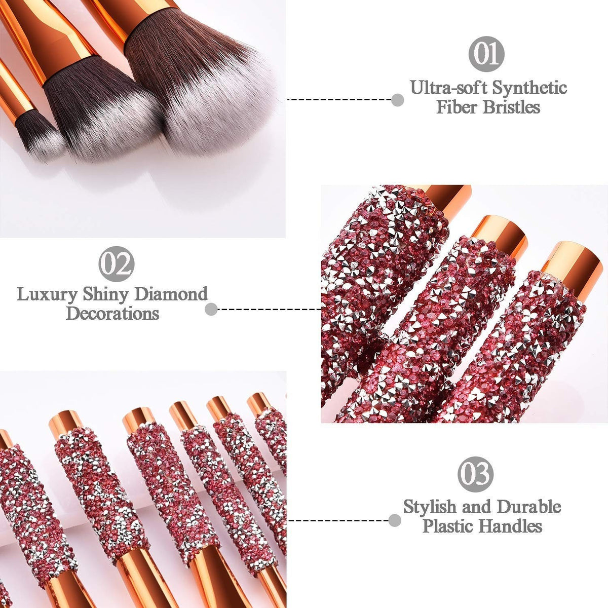 Pink Diamond Inlaid Handmade Makeup Brush Set - 10-in-1 Cosmetic Brushes with Bag
