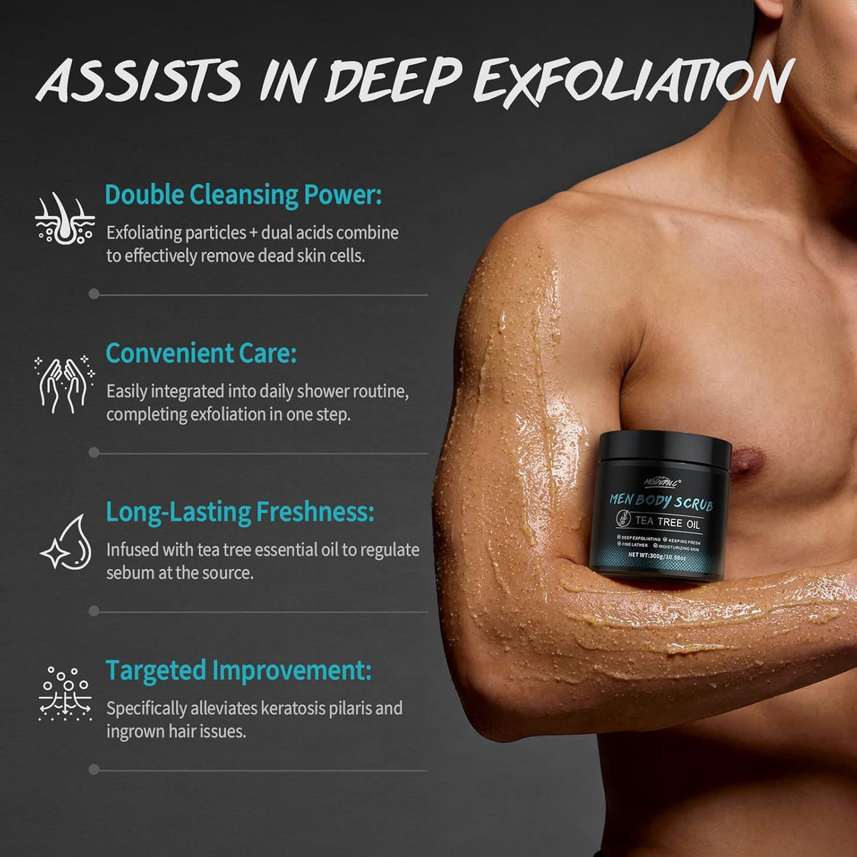 Men's Exfoliating Body Scrub with Tea Tree Oil for Back Chest Shoulders