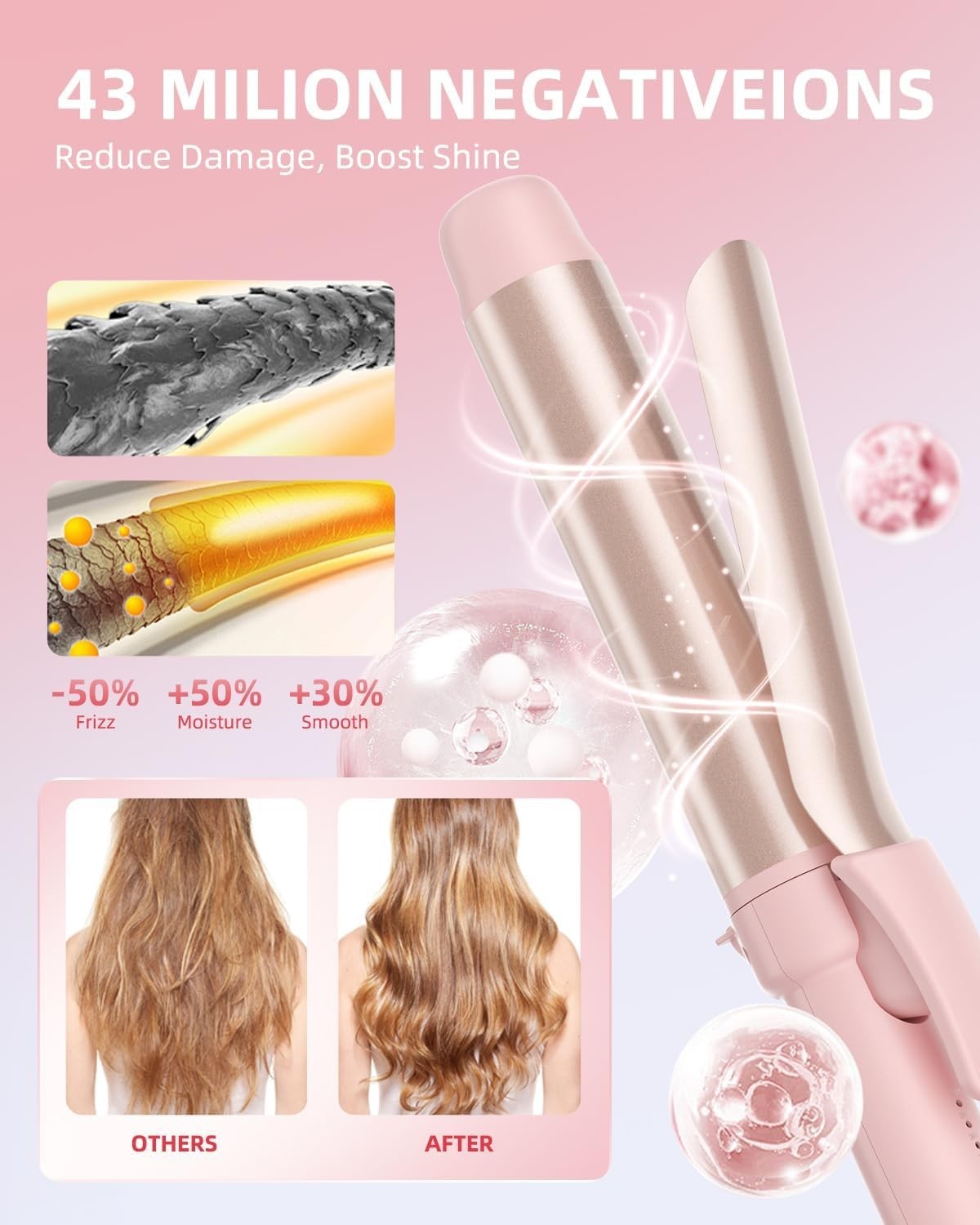 Long Barrel 1.25 Inch Hair Curling Iron with Ionic Ceramic, 5 Settings - Pink