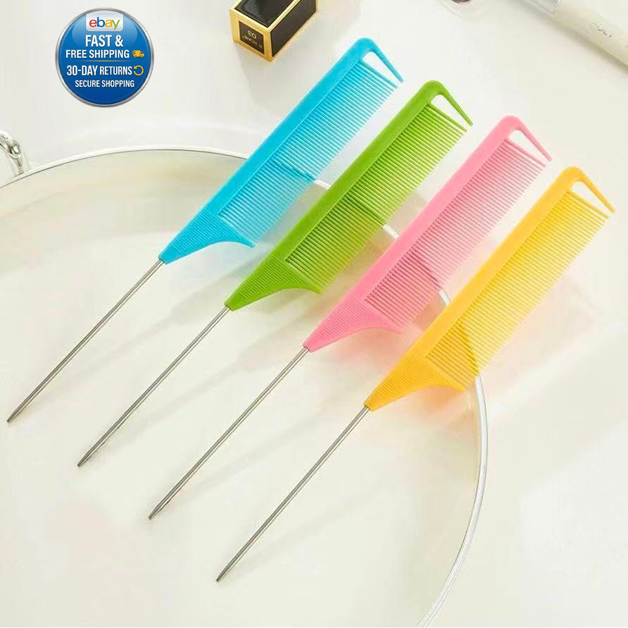 Hair Styling Comb Set with Fine Teeth and Metal Rat Tail - Multiple Colors
