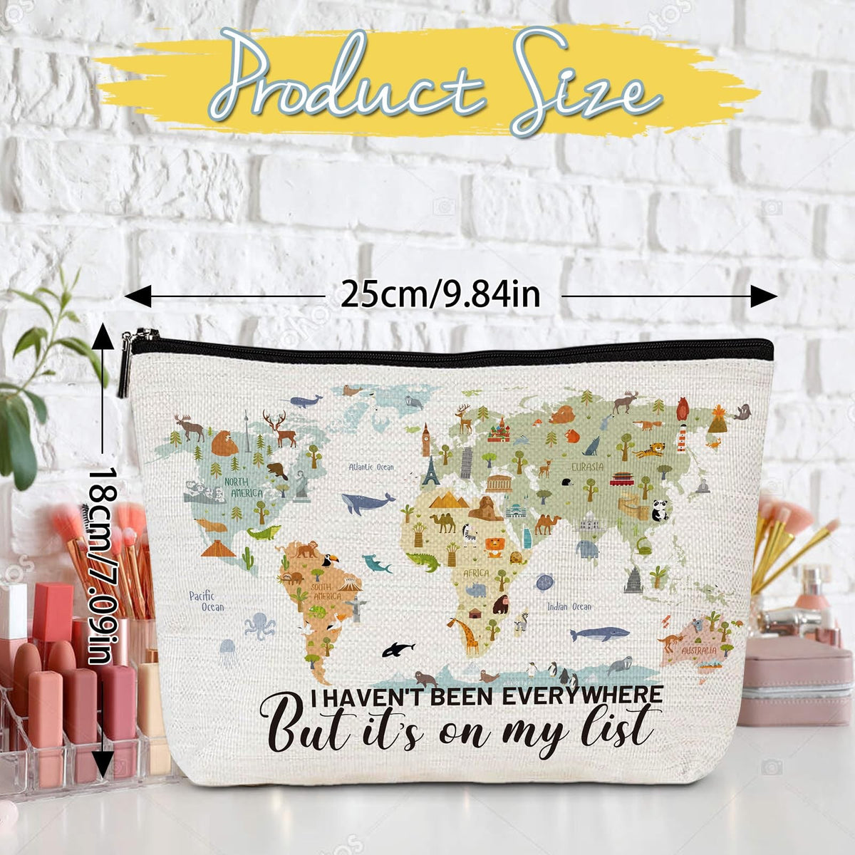 Travel Makeup Bag with Travel Map Design Waterproof Canvas Compact Organizer
