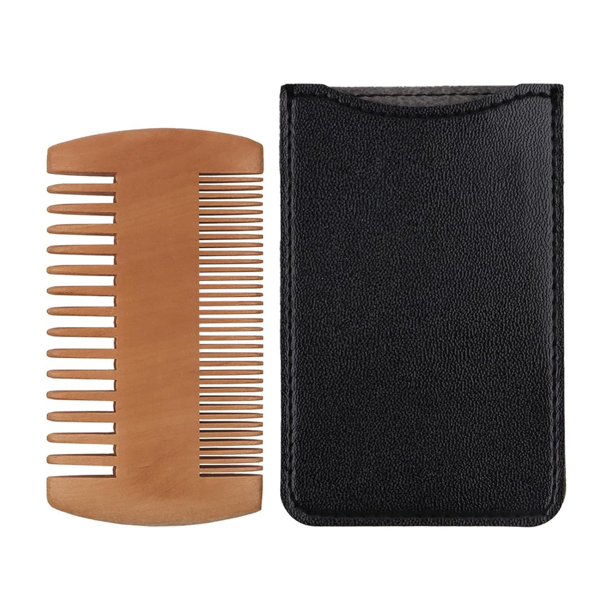 Pearwood Beard Comb with Leather Case, Double-Sided Wooden Grooming Tool for Men