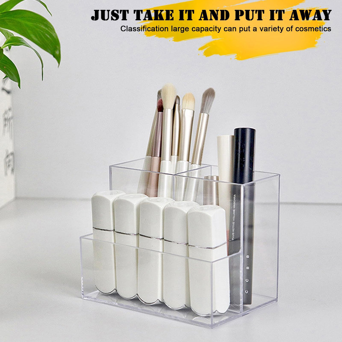 Acrylic Makeup Brush Organizer with 3 Compartments - Clear Storage for Cosmetics & Accessories