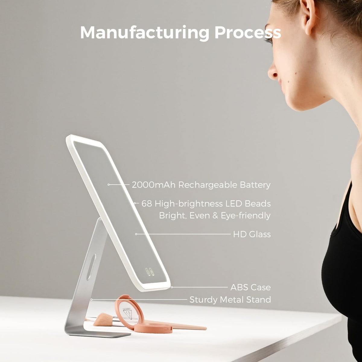 Lighted Makeup Mirror with Support, Rechargeable 2000mAh, Adjustable Brightness