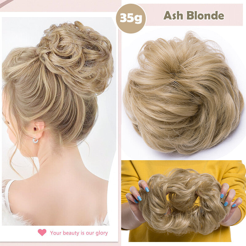 Natural Human Hair Messy Bun Ponytail Extensions with Curly Scrunchie Updo