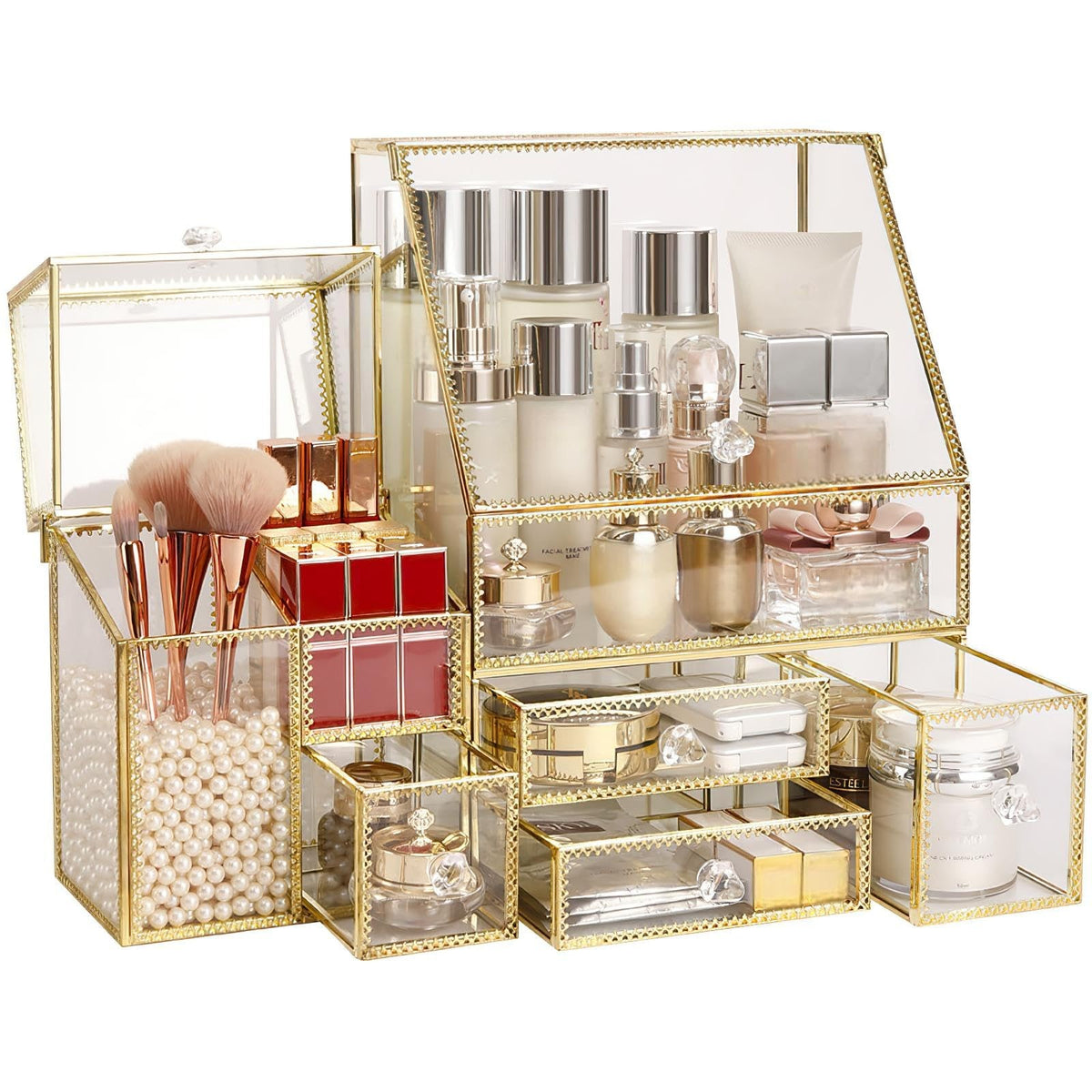 Large Glass Makeup Organizer Set - 16in Beauty Storage & Display with Pearl
