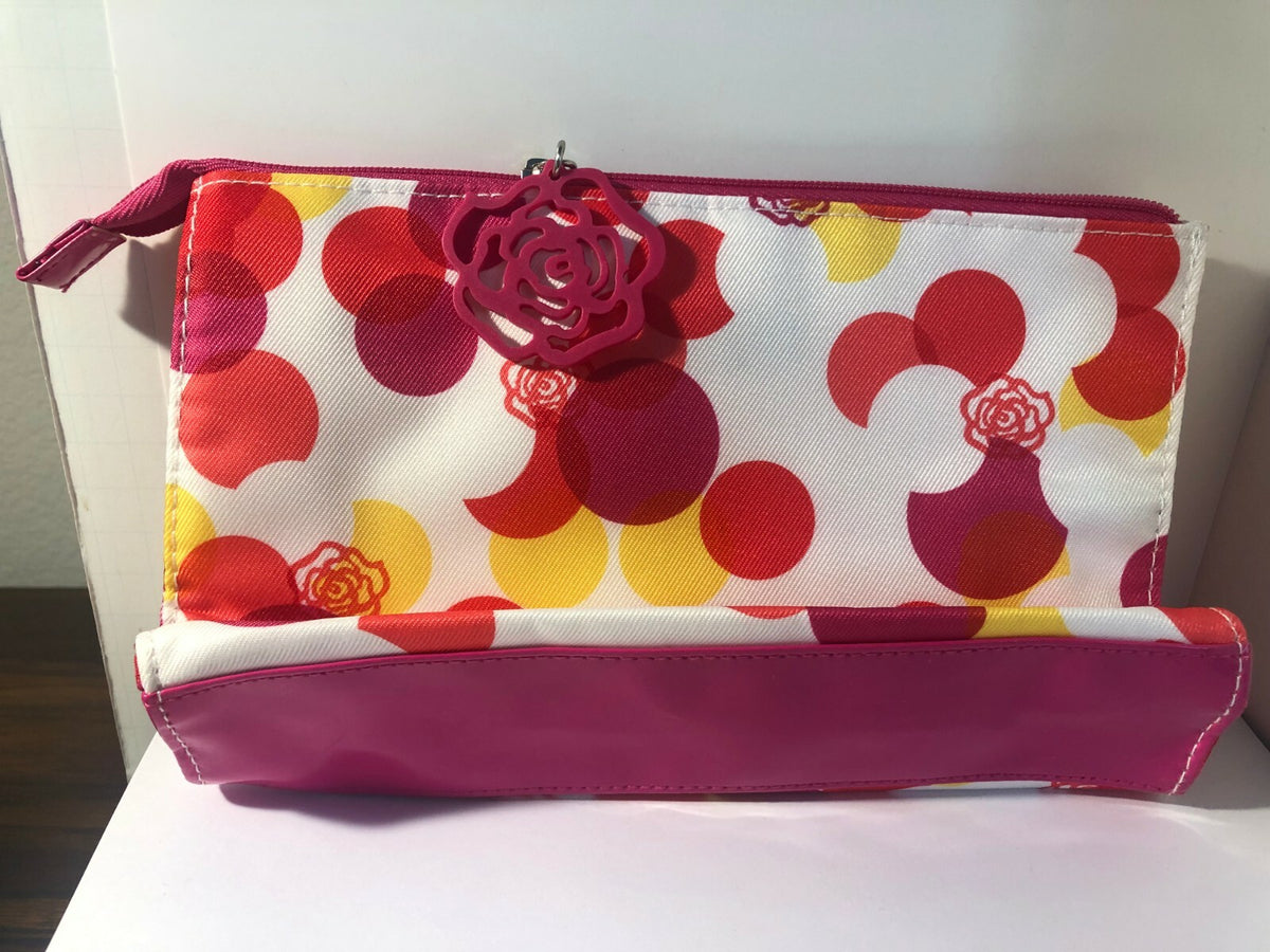 Pink & White Cosmetic Travel Bag with Rose Zipper Pull - 9 Inch Makeup Organizer