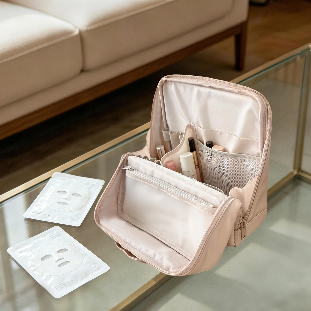Large Stand-Up PU Cosmetic Bag with Multi-Layered Interior & Handle
