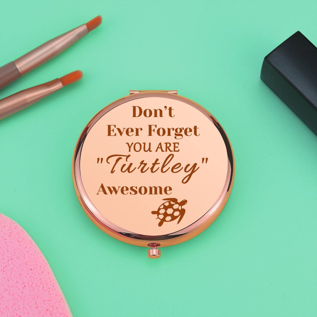 Sea Turtle Compact Makeup Mirror - Rose Gold, Foldable, Inspirational Gift for Women