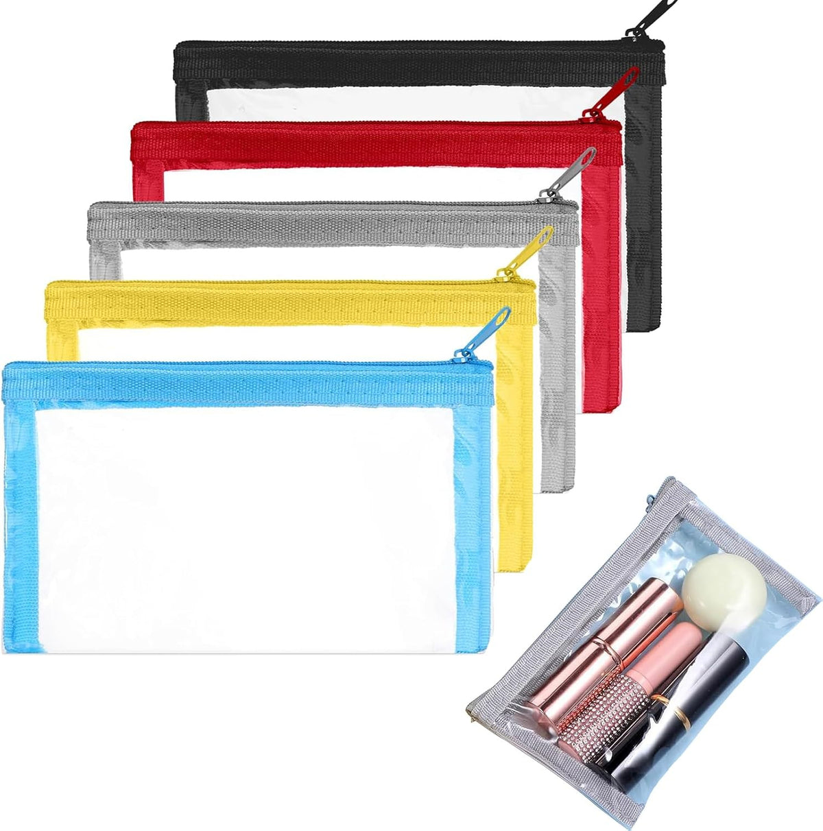 Small Clear Makeup Bags with Zipper - Water-Resistant Travel Pouches, 5-Pack