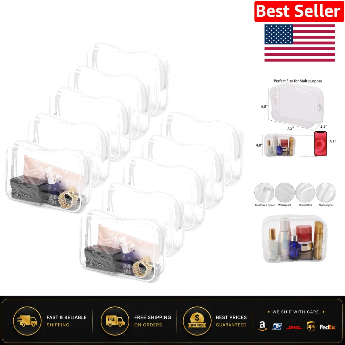Set of 10 Waterproof Clear Makeup Bags - Travel & Organizers