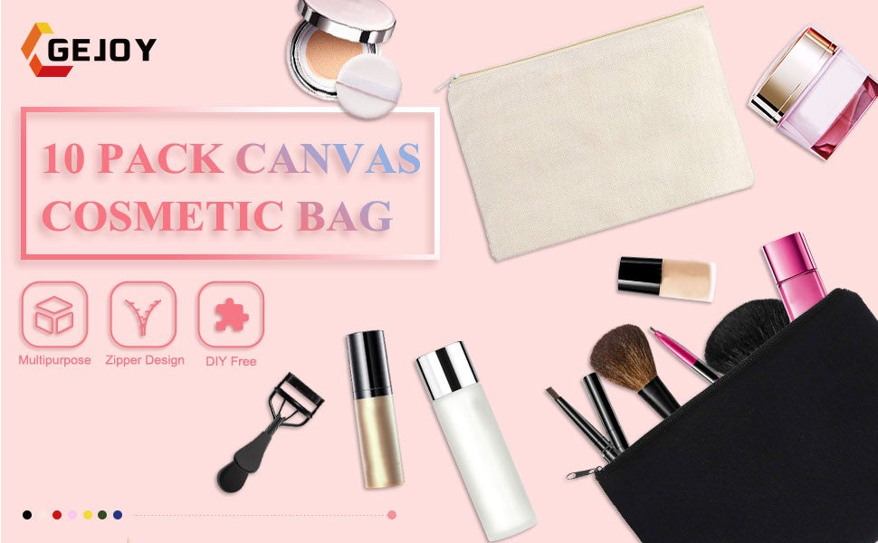 10 Pack DIY Canvas Cosmetic Bags - Blank Makeup Pouches for Customization