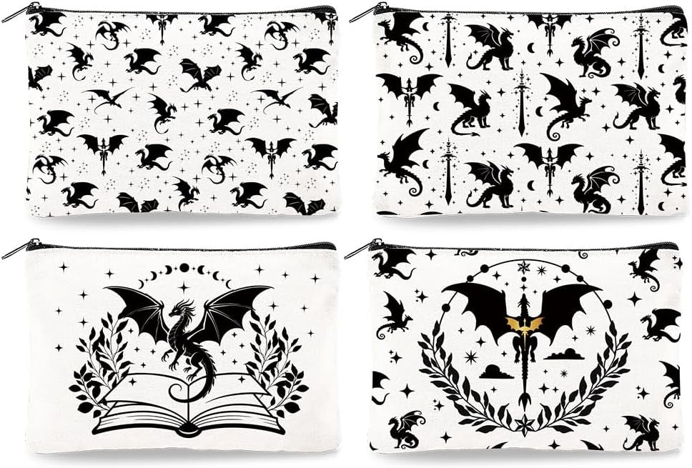 4-Pack Canvas Makeup Bags with Zipper - Dragon Star Pattern Travel Organizers