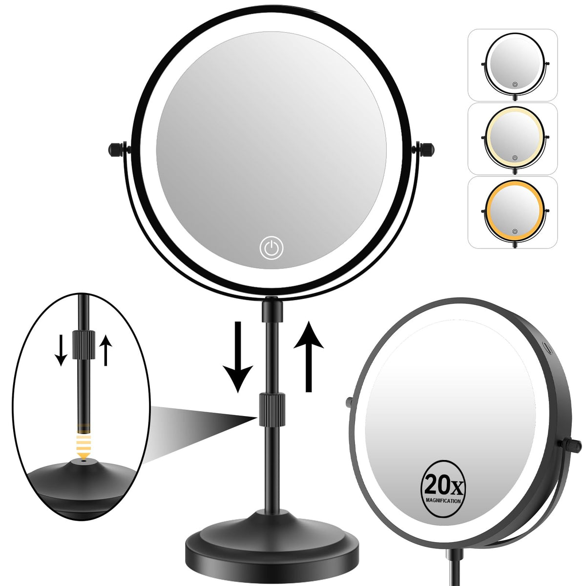 Lighted Makeup Mirror with 20X Magnification, Adjustable Height & Dimmable LEDs