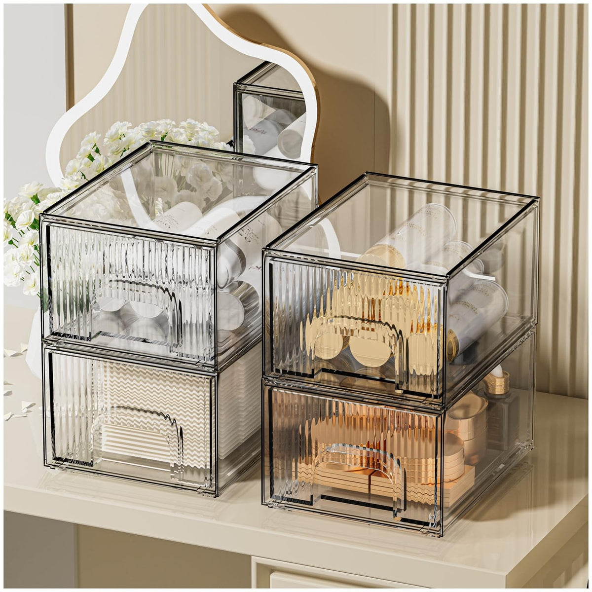 4 Pack Clear Stackable Acrylic Makeup Organizer Drawers - Cosmetic Storage