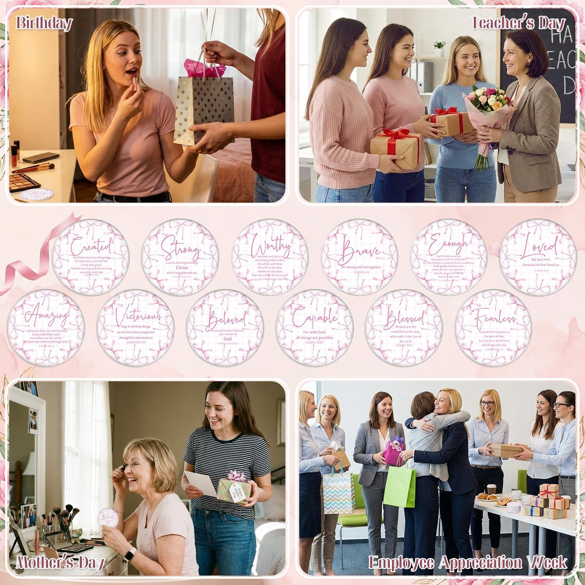 12 Pcs Christian Compact Mirrors for Women - Pink Bow Religious Gift Set