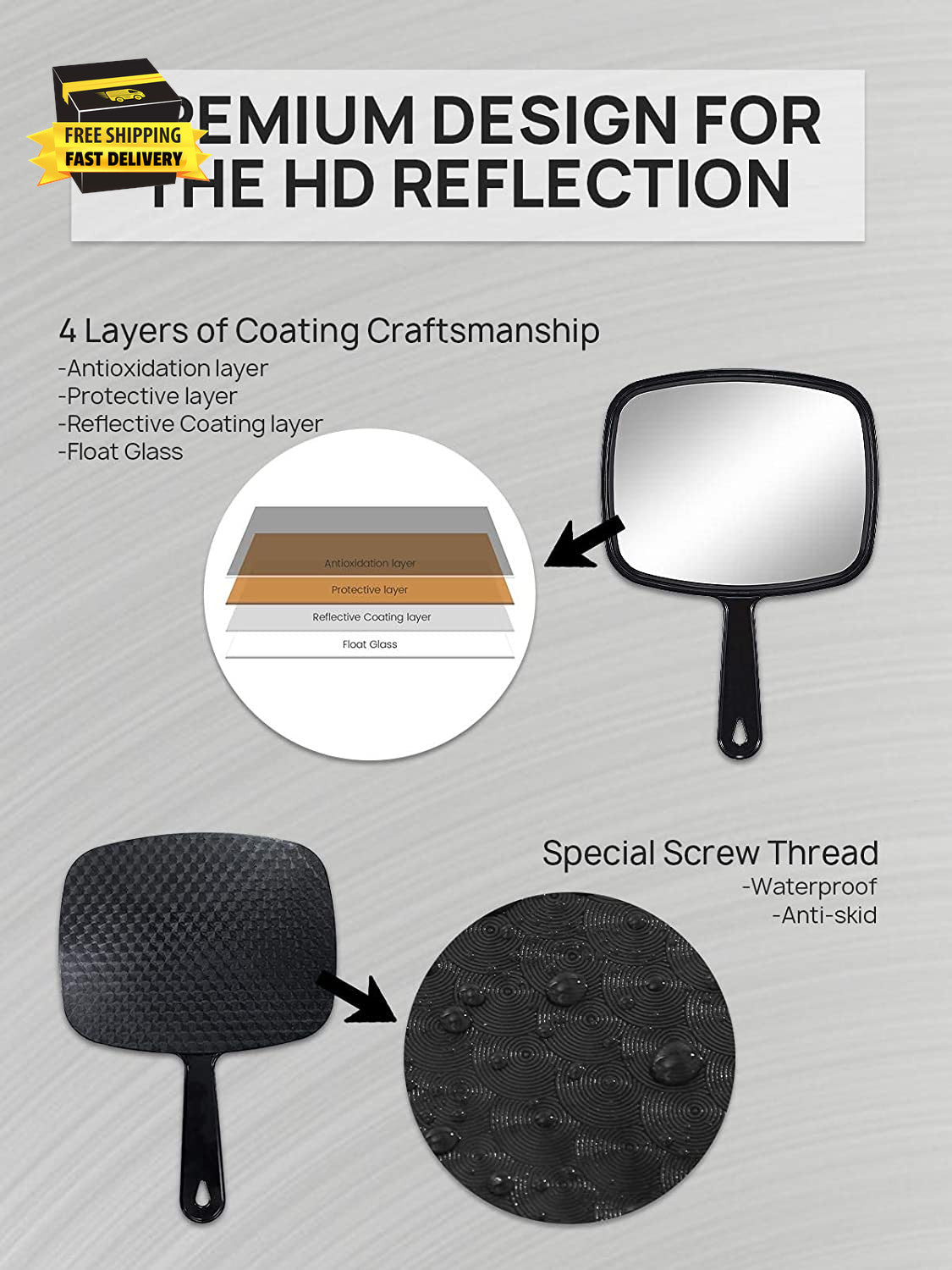 Black Handheld Mirror 9.3 x 6.6 Inches with Handle for Makeup & Grooming