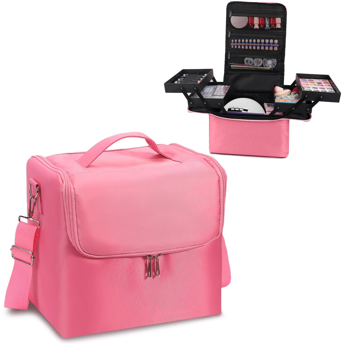 Large Pink Makeup & Nail Polish Organizer Bag 4-Tier Waterproof Travel
