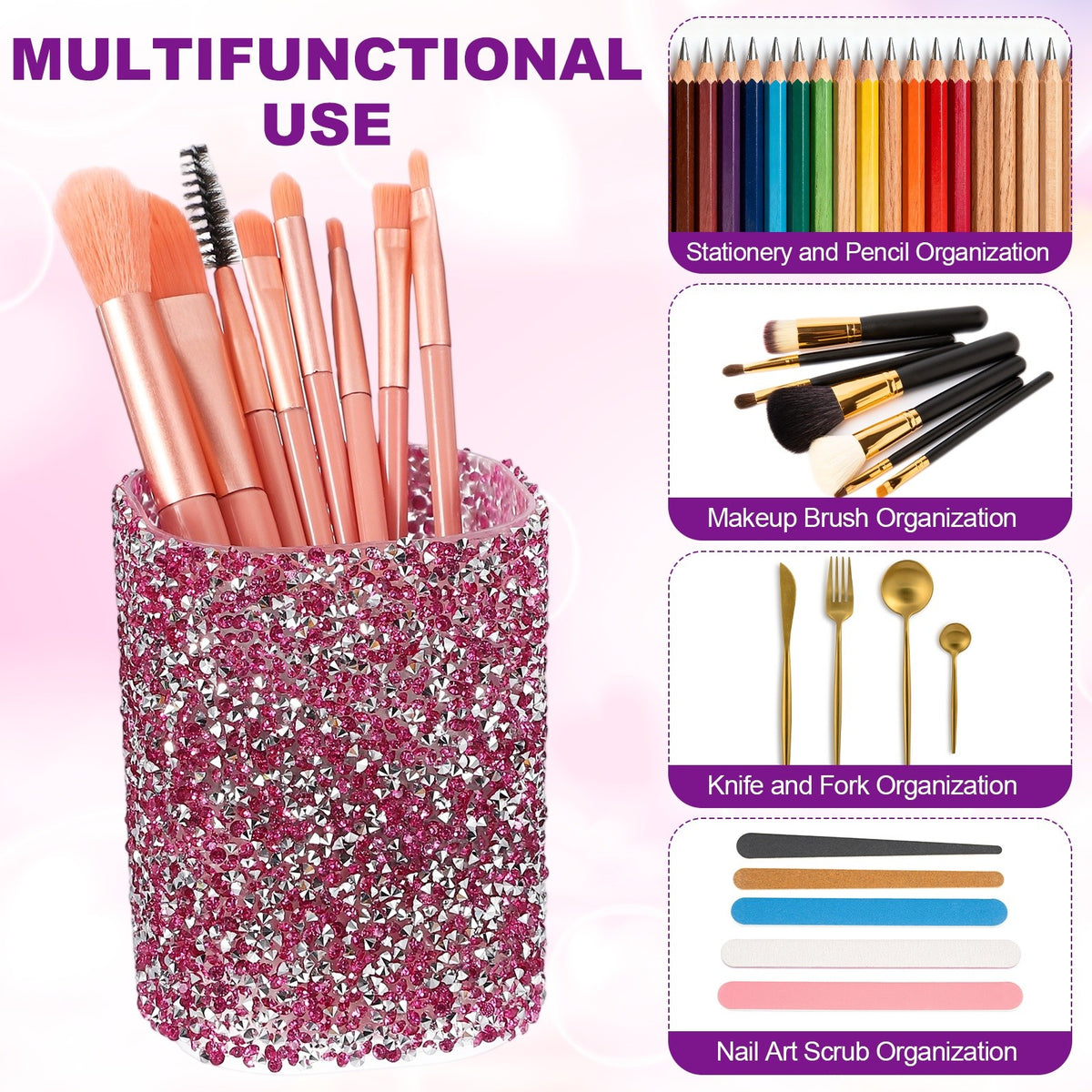 Crystal Makeup Brush Holder Storage Box - Blue Rhinestone Pen Organizer