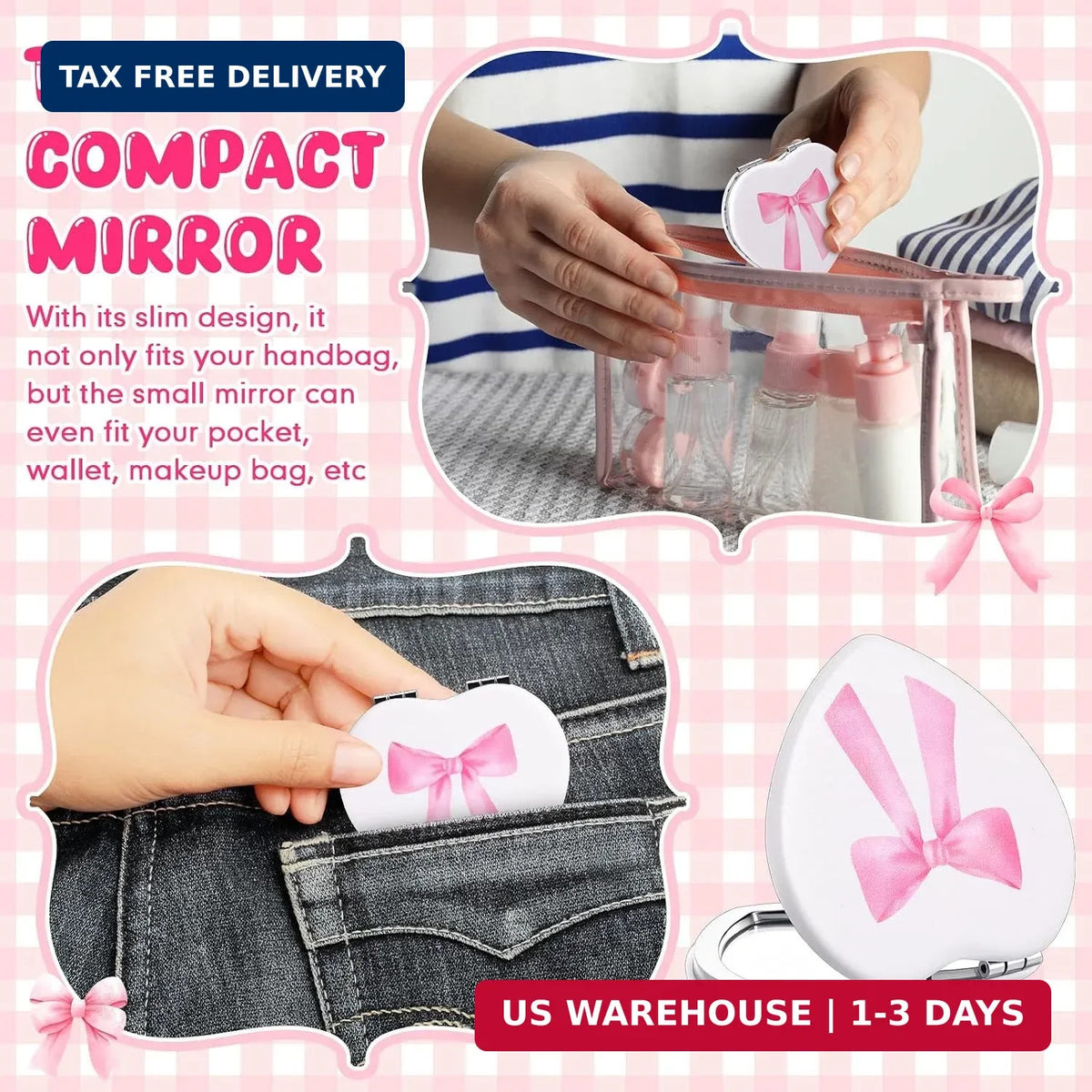 Pink Heart-Shaped Compact Mirror Set for Women & Girls - Cute Aesthetic, Portable Makeup Mirrors, 3 Pack