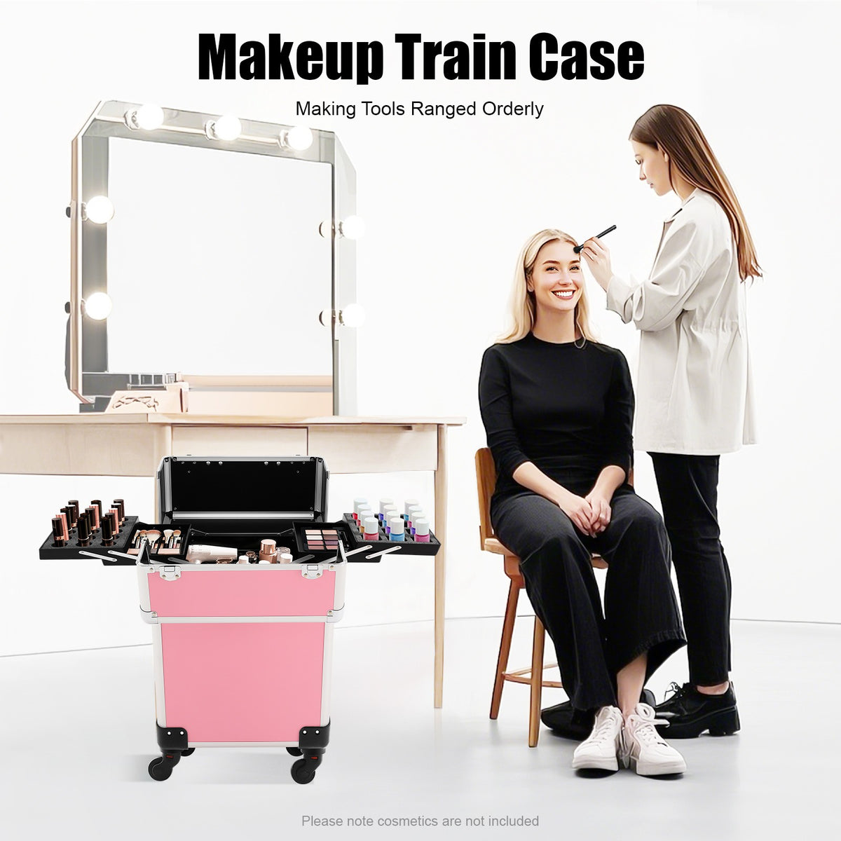 Pink Aluminum Rolling Cosmetic Organizer Case with Wheels & Compartments