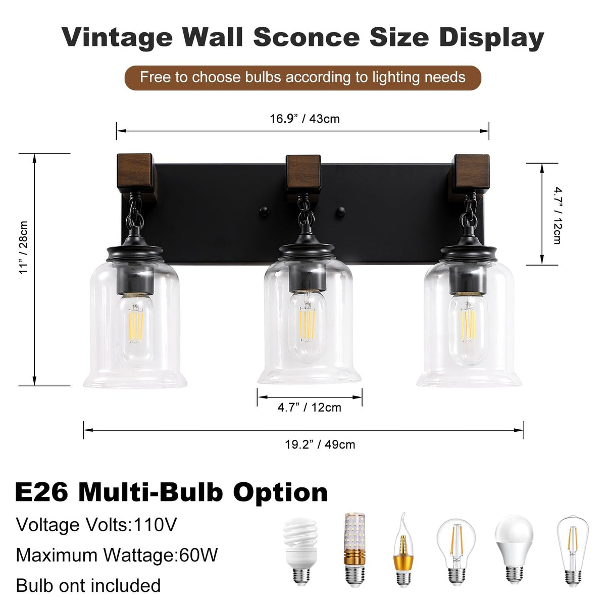 Farmhouse Bathroom Light Fixtures - 3-Light Matte Black Vanity Wall Lamp