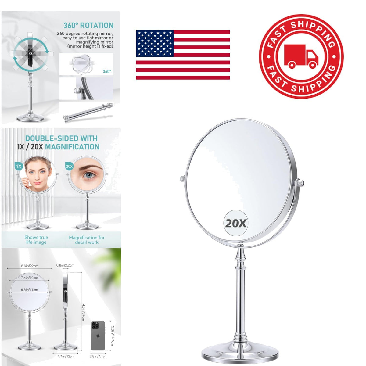 20x Magnifying Mirror with 360° Rotation - Personal Care & Makeup