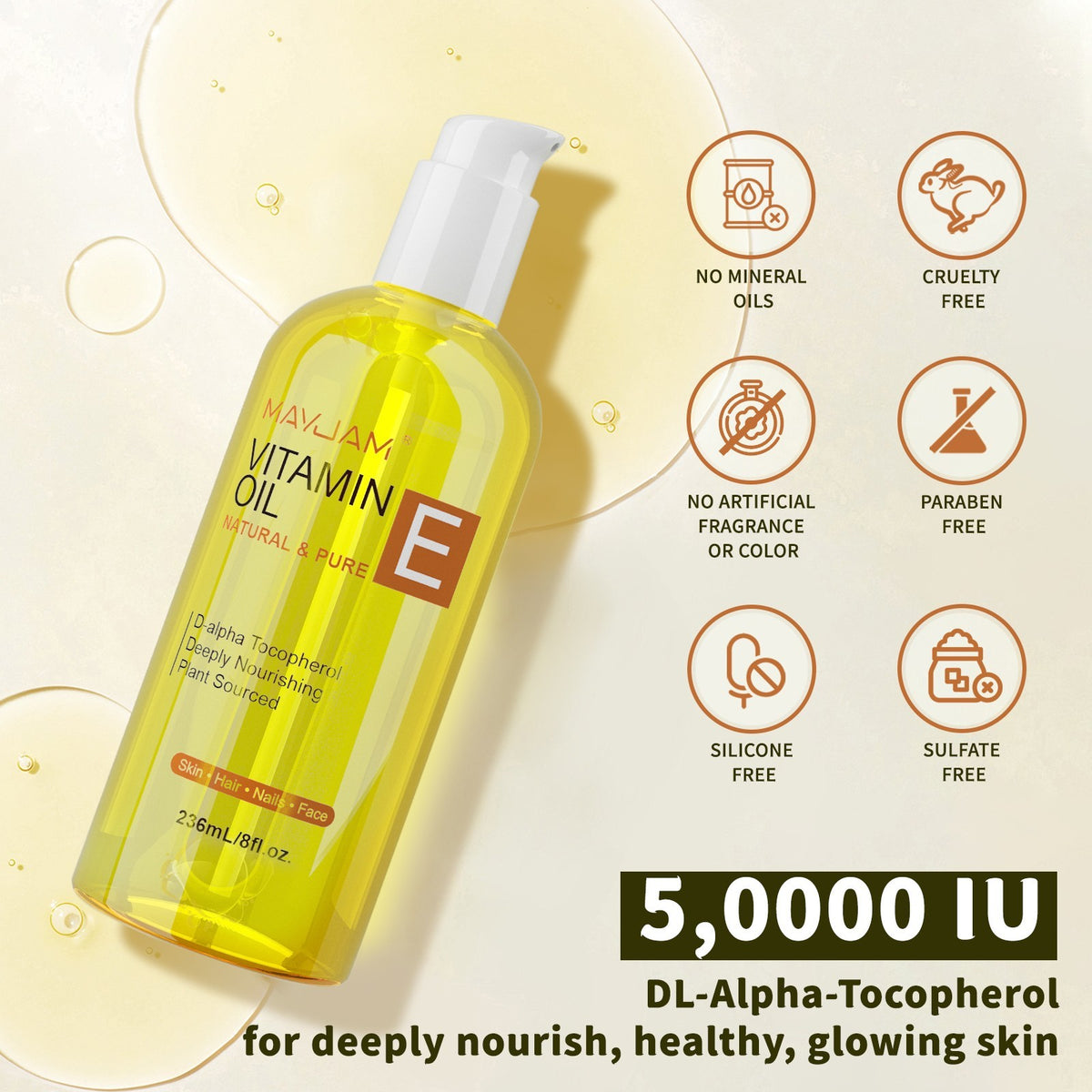 Vitamin E Oil 8 oz - Pure Organic for Skin, Hair & Nails
