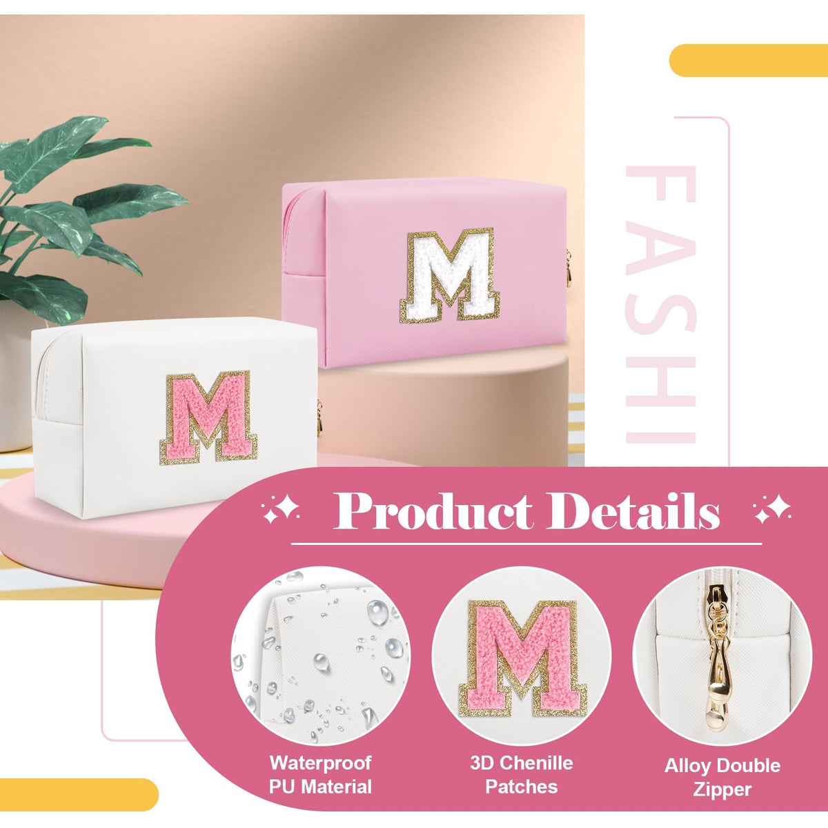 Personalized Makeup Bag with Initial Letter - Waterproof PU Cosmetic Pouch